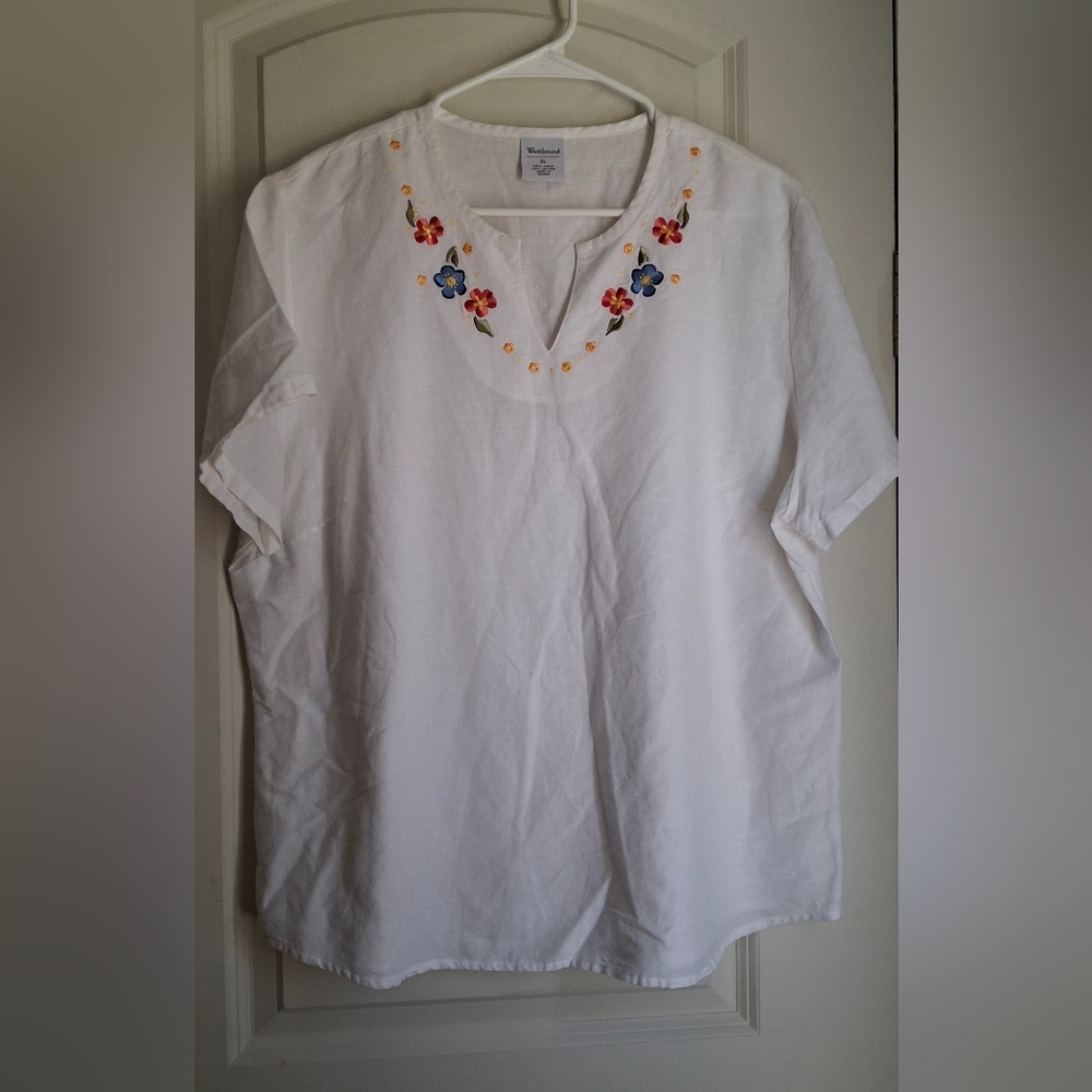 Westbound Cotton Linen Floral White Embroidered Women's Top Sz XL Summer Cruise‎